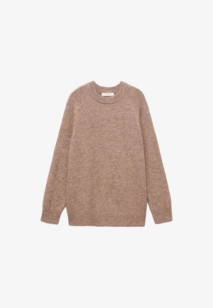 Suéter de punto malva con cuello redondo, mangas largas tipo raglán y corte holgado. Textura suave y sin patrones ni acentos visibles.