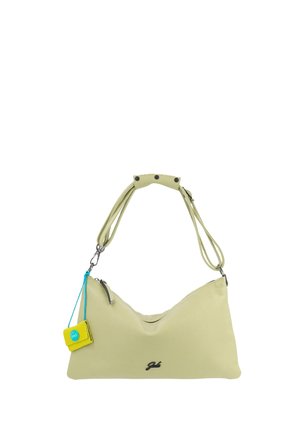 Borsa a mano in pelle giallo chiaro con trama, dotata di due manici, chiusura a zip superiore e piccolo tagghetto giallo con filo blu attaccato.