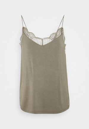 Oliven grøn tanktop med v-hals, der har en delikat blondekant ved skuldrene og et blødt, let stof.