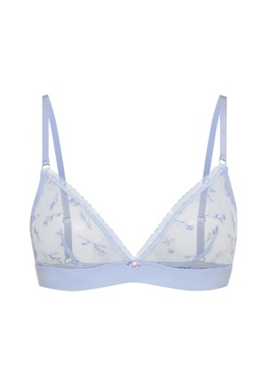 Ανοιχτογάλαζο διάφανο δαντελένιο σουτιέν με floral κεντήματα, ρυθμιζόμενες τιράντες και ένα μικρό διακοσμητικό φιόγκο στη μέση της μπροστινής ταινίας.