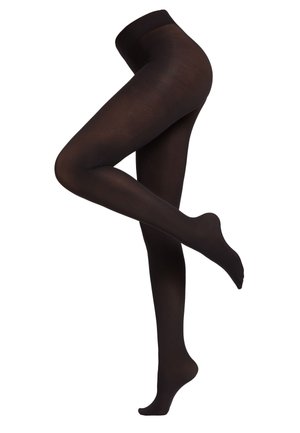 Vêtement pour les jambes en collants noirs opaques montrés sur des jambes croisées sur fond blanc, mettant en valeur une texture lisse et ajustée ainsi qu’une taille haute.