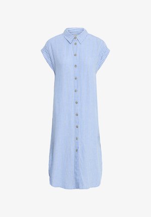 Vestido sin mangas azul claro con rayas verticales blancas, cuello y cierre frontal con botones en el centro.