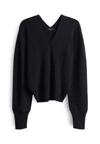 Schwarzer, langärmeliger V-Ausschnitt-Pullover mit enganliegenden Bündchen und leicht lockerer Passform, auf einem weißen Hintergrund präsentiert.