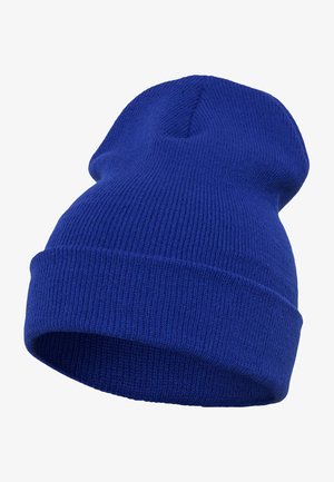 Blå strikket beanie-hat med en blød tekstur, med en fold-over manchet og en let slapp top. Holdbart, strækbart stof.