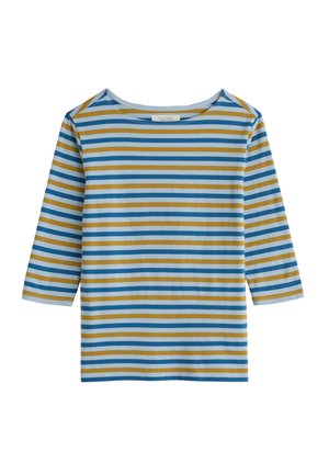 Cotton long-sleeve shirt featuring horizontal stripes in blue, yellow, and light gray. Relaxed fit with a wide neckline.