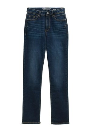 Jean droit bleu foncé en denim, avec cinq poches, fermeture par bouton en métal et surpiqûres contrastées. Aucun effet de délavage visible.