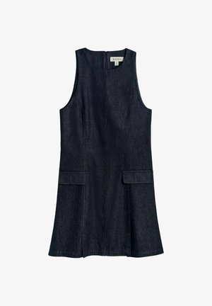 Mouwloze donkere denim A-lijn jurk met ronde hals, ritssluiting aan de achterkant en twee klepzakken aan de voorkant, met label BHÖEM, maat small.