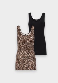 Two tank tops: one leopard print with a scoop neckline, and one solid black, both made of soft cotton fabric, featuring sleeveless design.