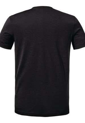 Schwarzäugiges T-Shirt mit kurzen Ärmeln aus glattem Material und Rundhalsausschnitt, das ein dezentes Streifenmuster und einen geraden Saum aufweist.