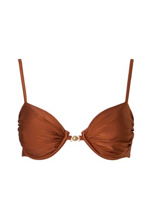 Κορυφή μπικίνι από καφέ σατέν με λεπτές τιράντες και κεντρικό χρυσό κούμπωμα, με ρυθμισμένο ύφασμα σε κάθε κύπελλο.