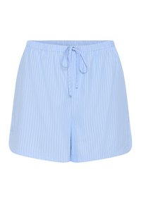 Shorts bleu clair avec de fines rayures verticales et un cordon à nouer à l'avant, offrant une coupe ample et confortable avec des ourlets arrondis.