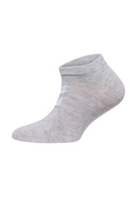 Grå ankelstrumpa med ribbad mudd och slät, medelvikts stickad textur. Har subtila färgvariationer och en sömlös tådesign.