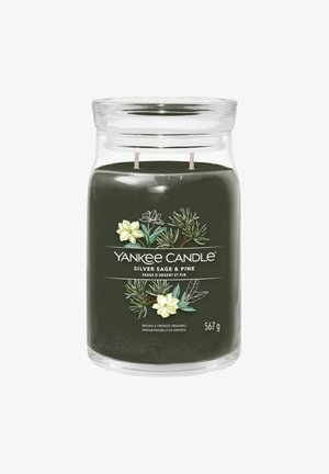 Glaskrukke med lys, mørkegrøn voks, to væger og en etiket med grafik af sølvsalvie og fyrretræ. Rummer 567 gram.