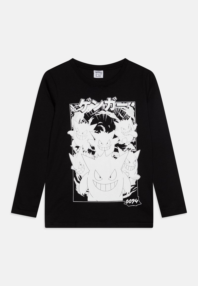 Schwarzes Langarm-T-Shirt mit einem weißen grafischen Druck von mehreren lächelnden, geisterähnlichen Kreaturen mit scharfen Merkmalen und japanischem Text.