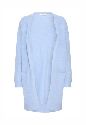 Cardigan bleu deschis, cu croială lejeră, cu faţă deschisă, mâneci lungi şi două buzunare frontale. Confecţionat dintr-un material moale, texturat, cu margini nervurate la mâneci.