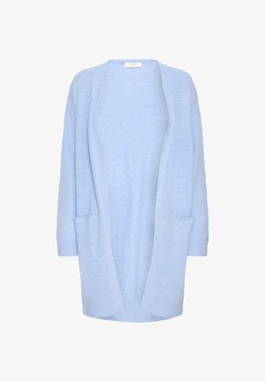 Svijetloplavi kardigan s labavim krojem, otvorenog prednjeg dijela, dugim rukavima i dva prednja džepa. Izrađen od mekanog, teksturiranog materijala s rebrastim rubovima rukava.