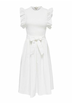 Biała sukienka midi z falbanianymi krótkimi rękawami, okrągłym dekoltem, dopasowaną talią i wiązanym z przodu materiałowym paskiem.