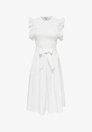 Robe midi blanche avec manches courtes à volants, encolure ronde, taille cintrée et ceinture en tissu nouée devant.