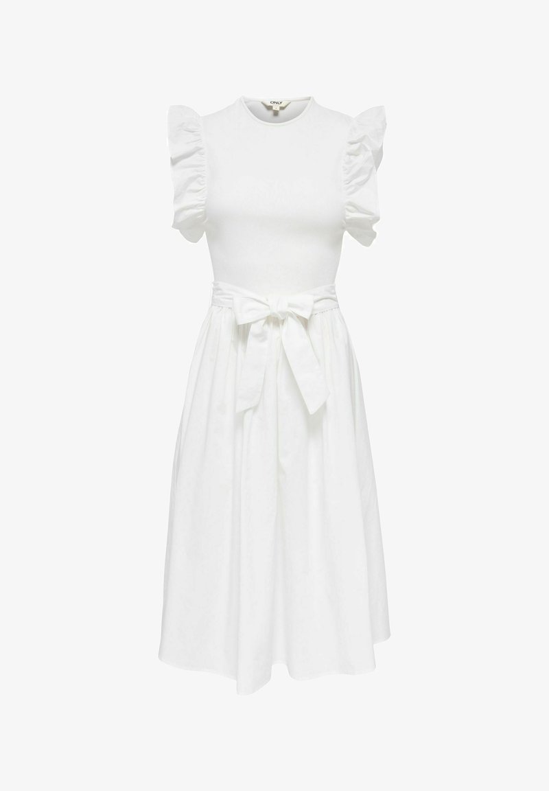 Robe midi blanche avec manches courtes à volants, encolure ronde, taille cintrée et ceinture en tissu nouée devant.