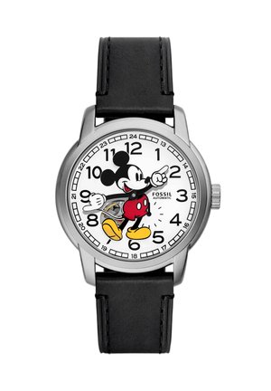 Rund armbåndsur med sort læderrem, hvid urskive med Mickey Mouse, der peger på 2 og 9 som time- og minutviser, sølvurkasse.