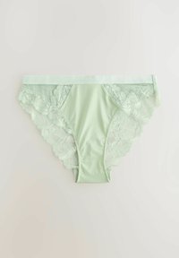 Muntgroene slip met kant, voorzien van een gladde voorkant, een bloemenpatroon op het kant en een elastische tailleband. Lichtgewicht en zachte textuur.