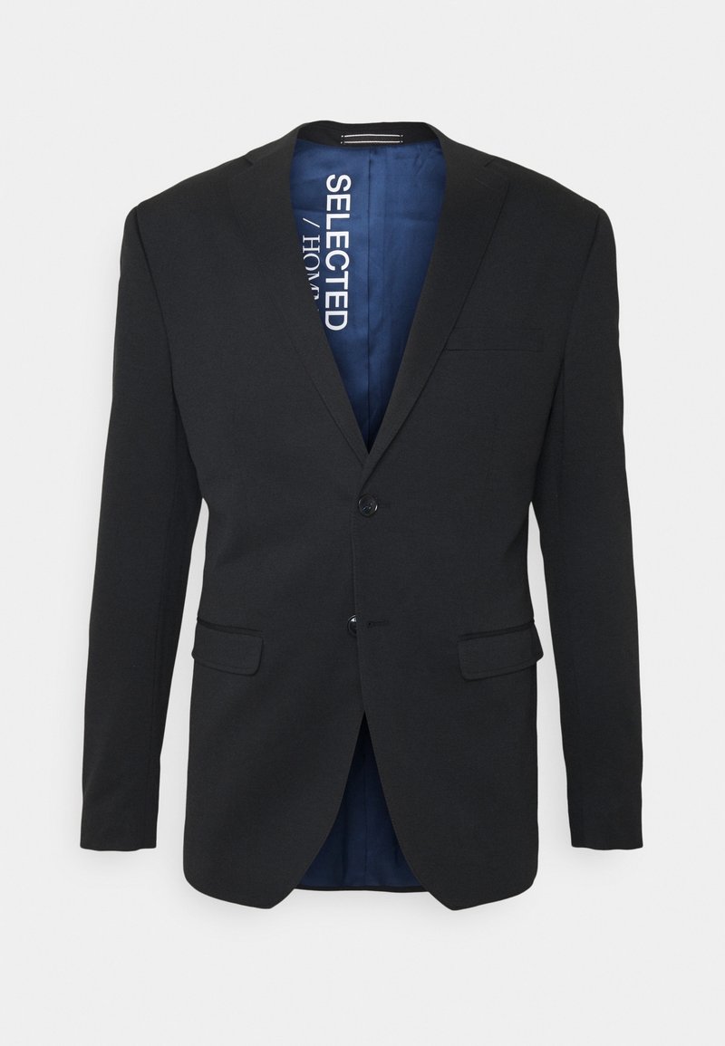 Černý blazer se dvěma předními kapsami a zapínáním na jeden knoflík. Uvnitř je modré podšívání s nápisem "SELECTED". Hladká textura, přiléhavý střih.