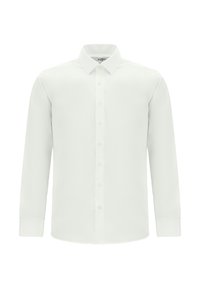Camicia bianca a maniche lunghe con colletto classico, tessuto opaco, chiusura con bottoni e polsini standard; texture liscia con dettagli minimi.