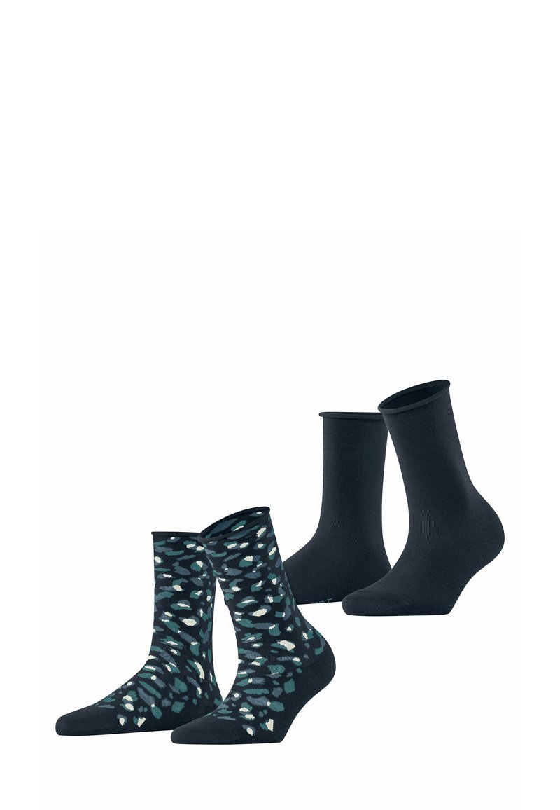 Dwie pary skarpet: jedna z ciemnym tłem i abstrakcyjnym wzorem w odcieniu teal i białym, druga w jednolitym ciemnym kolorze. Obie mają gładką teksturę.