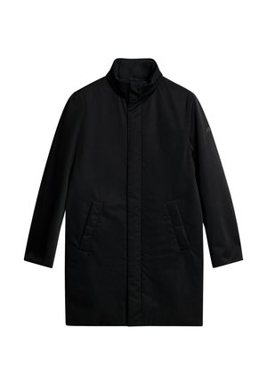 Black coat with a high collar, long sleeves, and side pockets. Smooth texture with a minimalistic design and no visible hardware.