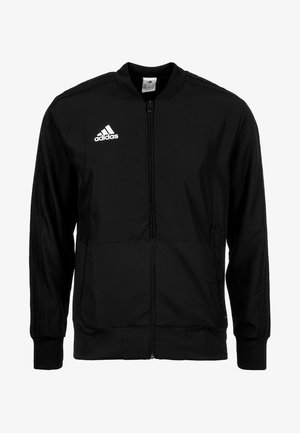 Schwarze Adidas-Zipjacke mit gerippten Bündchen und Kragen, Adidas-Logo auf der linken Brust und dezenten Streifendetails an den Ärmeln.