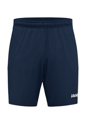 Shorts de sport bleu marine avec une ceinture élastique et le logo blanc JAKO sur la jambe gauche, conçus pour un usage sportif.