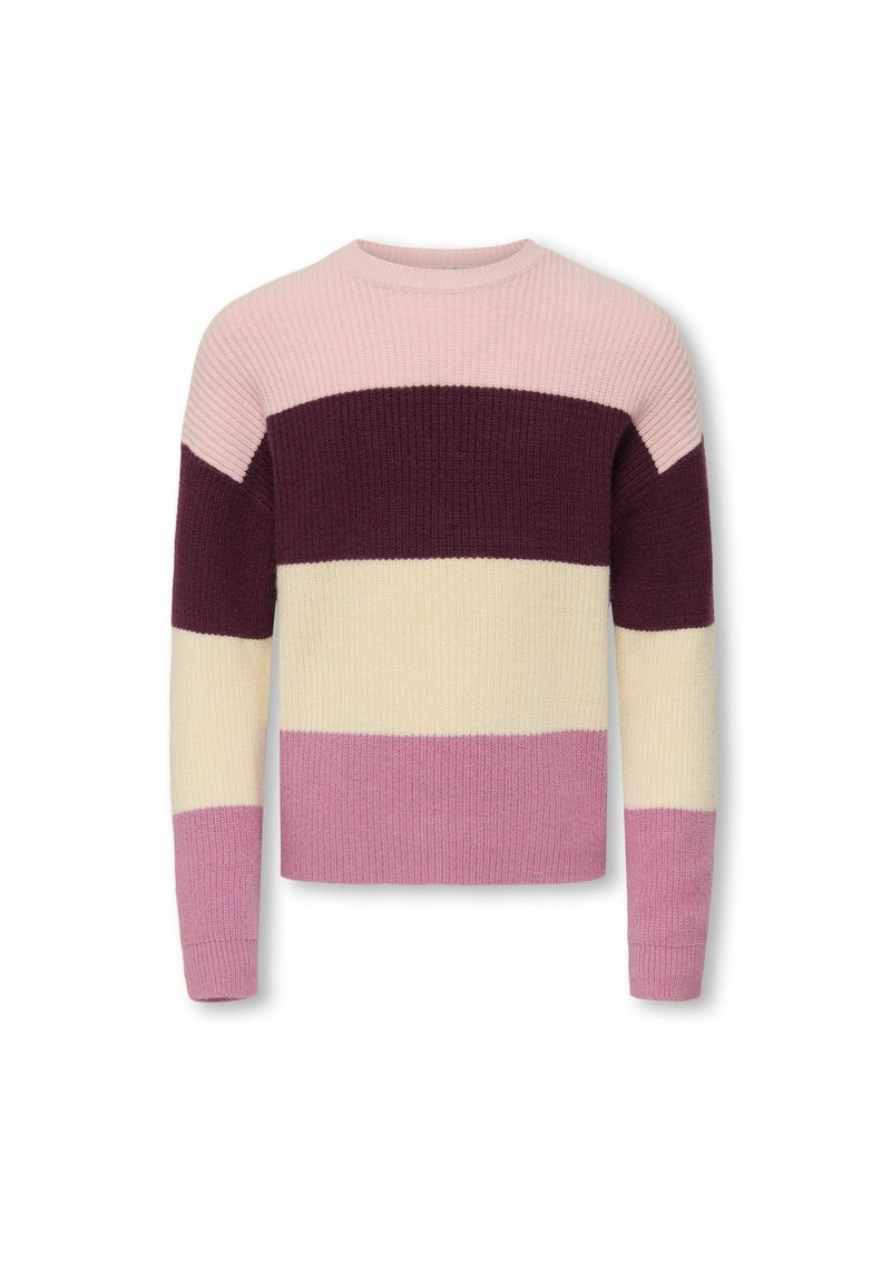 Pull en tricot avec des rayures horizontales en rose clair, crème, violet foncé et rose moyen. Col rond et manches longues, tissu texturé.