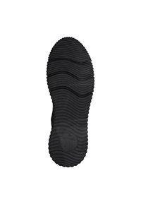 Semelle de chaussure en caoutchouc noir avec un motif texturé ondulé et un logo circulaire. Matériau durable avec une bonne traction et flexibilité.