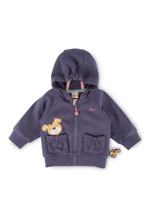 Navyblaue Kapuzenjacke mit Reißverschluss für Kleinkinder, mit Fronttaschen, von denen eine eine Applikation eines lächelnden Hundegesichts und ein gestreiftes Innenfutter der Kapuze hat.