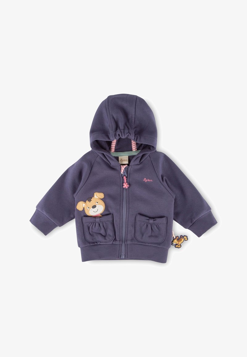 Veste zippée à capuche bleu marine pour tout-petit, avec poches avant, dont une avec une application visage de chien souriant et une doublure intérieure rayée dans la capuche.