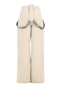 Beige geïsoleerde broek met brede pijpen en verstelbare schouderbanden. Kenmerkt een grijze logoband langs de banden. Gladde textuur.