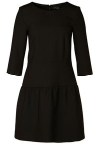 Schwarzes Kleid aus strukturiertem Stoff, mit rundem Halsausschnitt, Dreiviertelärmlen und einem ausgestellten, gerafften unteren Abschnitt.