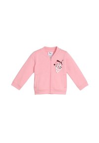 Giacca rosa con zip realizzata in tessuto morbido, caratterizzata da un colletto rotondo, maniche lunghe e una grafica giocosa con una scarpa e un logo sul davanti.