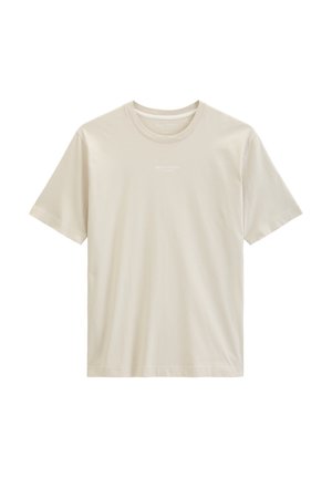 Beige short-sleeve crew neck T-shirt with subtle "Marc O'Polo" logo centered on the chest.
