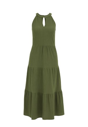 Mouwloze olijfgroene midi-jurk met halterneck en keyhole-detail, met een gelaagde, vloeiende rok.