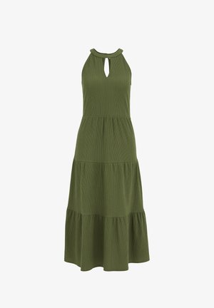 Mouwloze olijfgroene midi-jurk met halterneck en keyhole-detail, met een gelaagde, vloeiende rok.