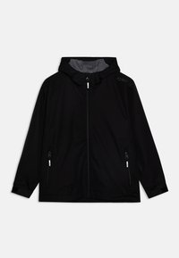 Veste légère noire avec capuche, dotée d'une fermeture éclair à l'avant, de deux poches zippées sur les côtés et d'un détail de logo discret en haut à gauche. Texture lisse.