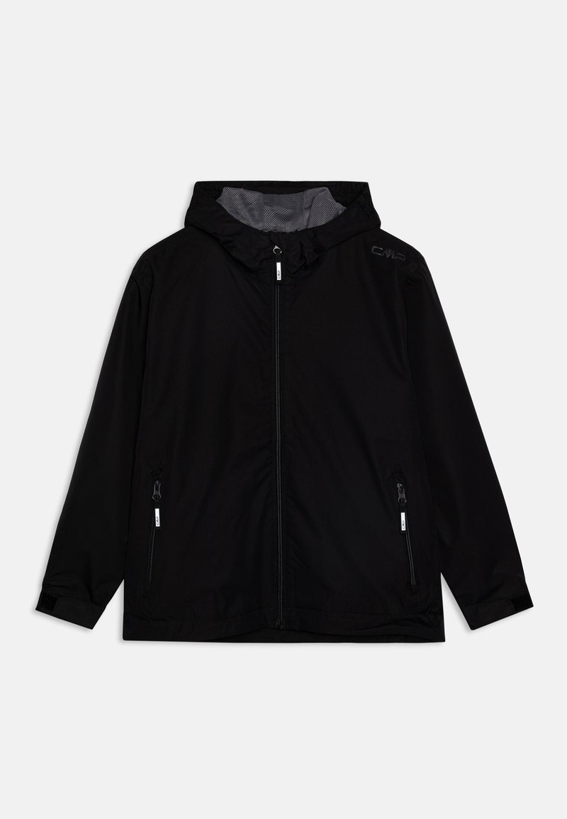 Veste légère noire avec capuche, dotée d'une fermeture éclair à l'avant, de deux poches zippées sur les côtés et d'un détail de logo discret en haut à gauche. Texture lisse.
