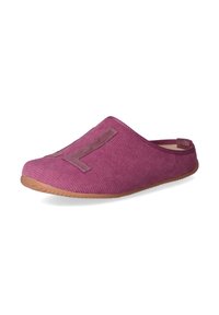 Purple fabric slip-on shoe with a textured upper and a smooth brown outsole. Features a raised accent on the front.
