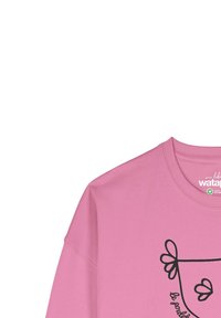 Roze sweatshirt met lange mouwen en ronde hals, voorzien van een zwart grafisch ontwerp en tekst. Gemaakt van zachte, gestructureerde stof.