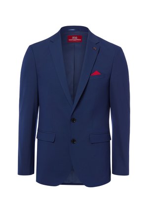 Dunkelblauer Herrenblazer mit Kerbkragen, Zwei-Knopf-Verschluss, Pattentaschen und rotem Einstecktuch.