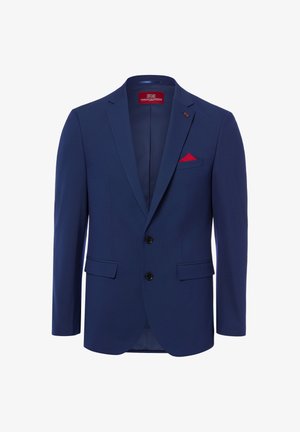 Dunkelblauer Herrenblazer mit Kerbkragen, Zwei-Knopf-Verschluss, Pattentaschen und rotem Einstecktuch.