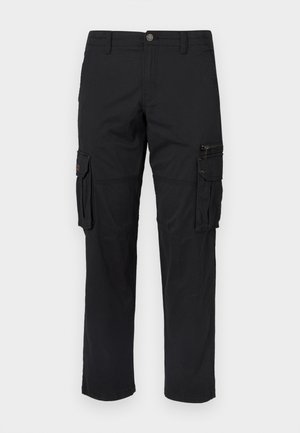 Pantalon cargo noir avec plusieurs poches, une poche zippée à l'avant et des détails de surpiqûres contrastantes. Confectionné dans un tissu durable avec une coupe droite.