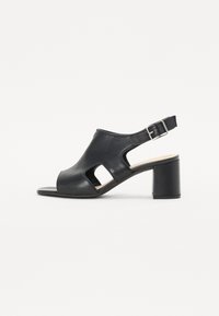 Sandales à talons en cuir noir avec bout ouvert, découpes sur les côtés et bride réglable à la cheville. Le talon bloc offre un soutien stable.