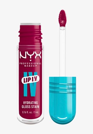 NYX Professional Makeup Lip I.V. feuchtigkeitsspendender Gloss-Stain in tiefem Beerenton mit blauem Verschluss und Applikator, der die Produkttextur zeigt.